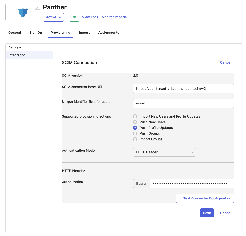 In Okta, the SCIM Connection form is filled out.