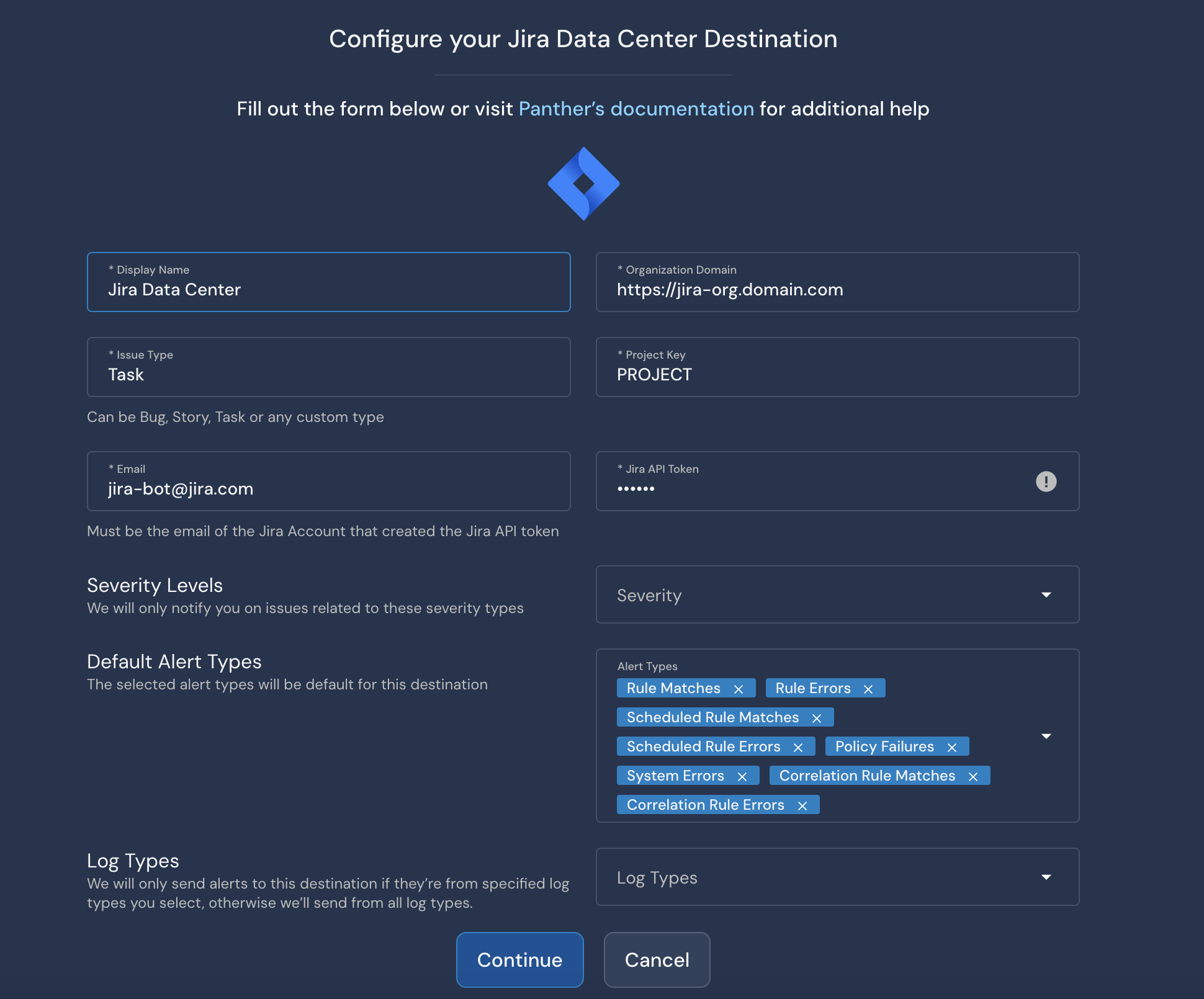 Under a title reading "Configure your Jira Data Center Destination" is a form with various fields, including Display Name, Issue Type, and Severity.