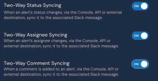 Three toggles are shown: Two-Way Status Syncing, Two-Way Assignee Syncing, and Two-Way Comment Syncing