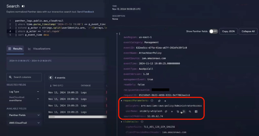 In a slide-out panel, a JSON log is shown. A node with the key "requestParameters" is circled.