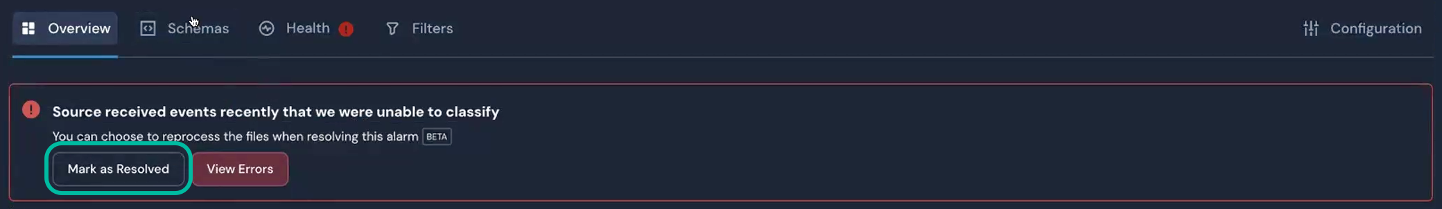 Under an "Overview" tab, a button labeled "Mark as Resolved" is circled.