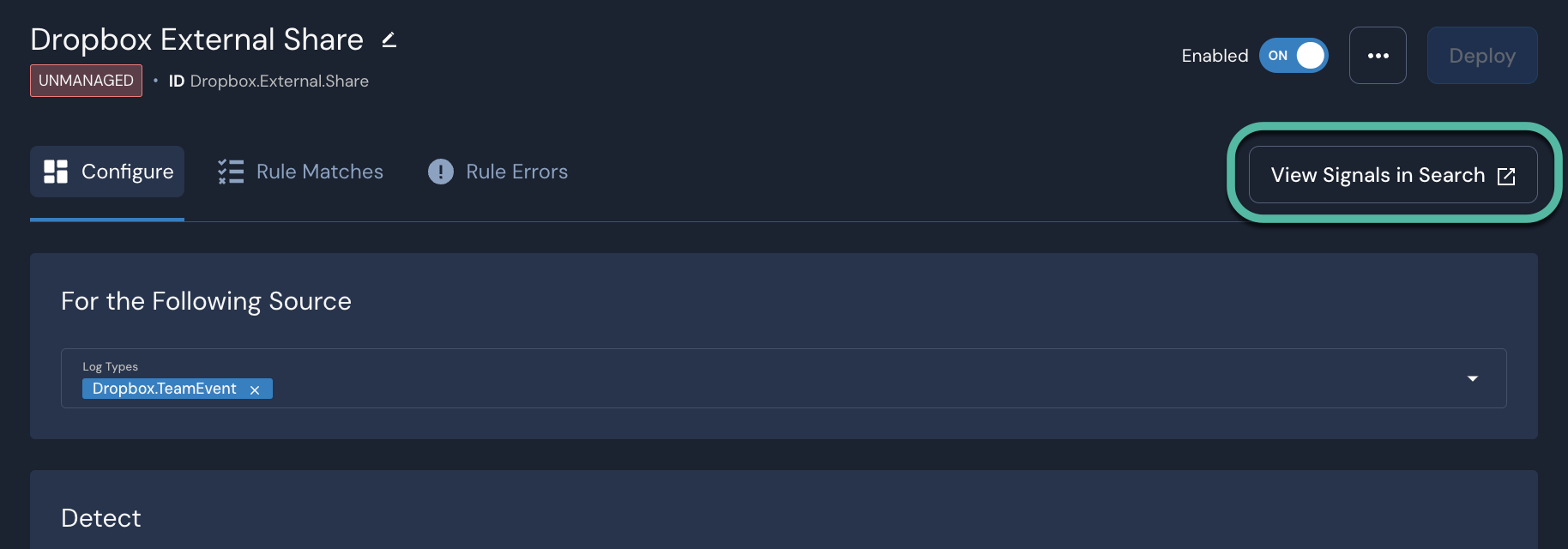 A "Dropbox.External.Share" detection details page is shown. A "View Signals in Search" button is circled.