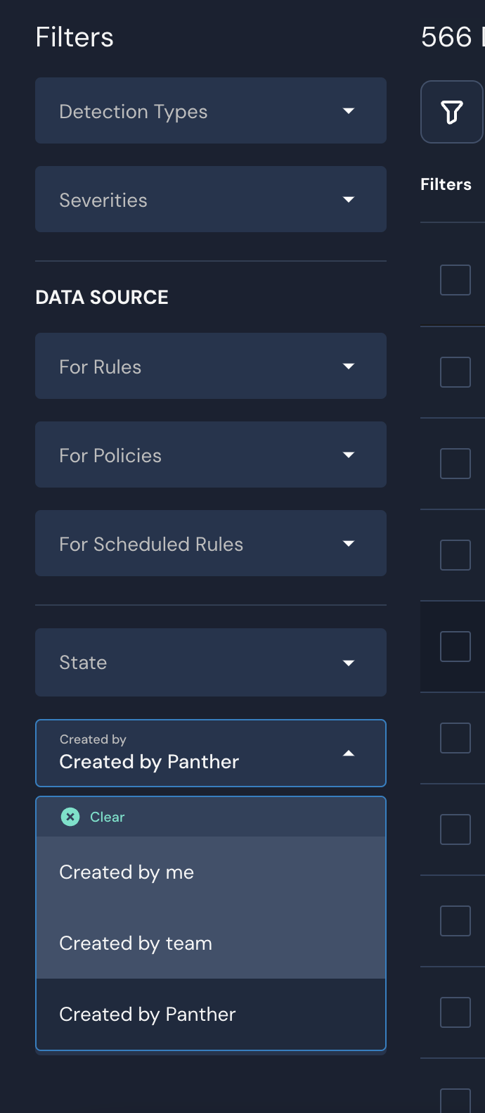 A "Filters" panel is shown, with various dropdown fields, including "Detection Types," "Severities" and "State."