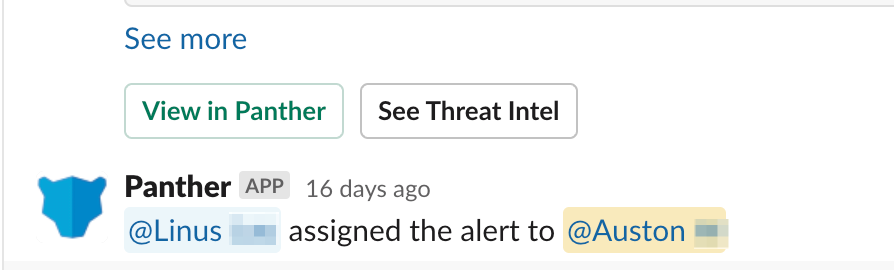 Under "View in Panther" and "See Threat Intel" buttons is the text "@Linus assigned the alert to @Auston"