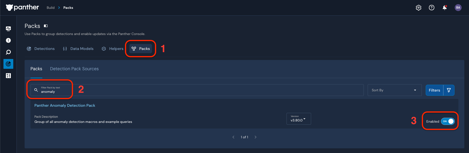 Screenshot which shows to to enable a pack. "Detections" is selected from the left-side navbar, and the tab is set to "Packs". A user has searched for the string "anomaly" in the search bar, returning a single pack named "Panther Anomaly Detection Pack". The user has flipped the toggle widget for the pack at the right-side of the panel to "On".