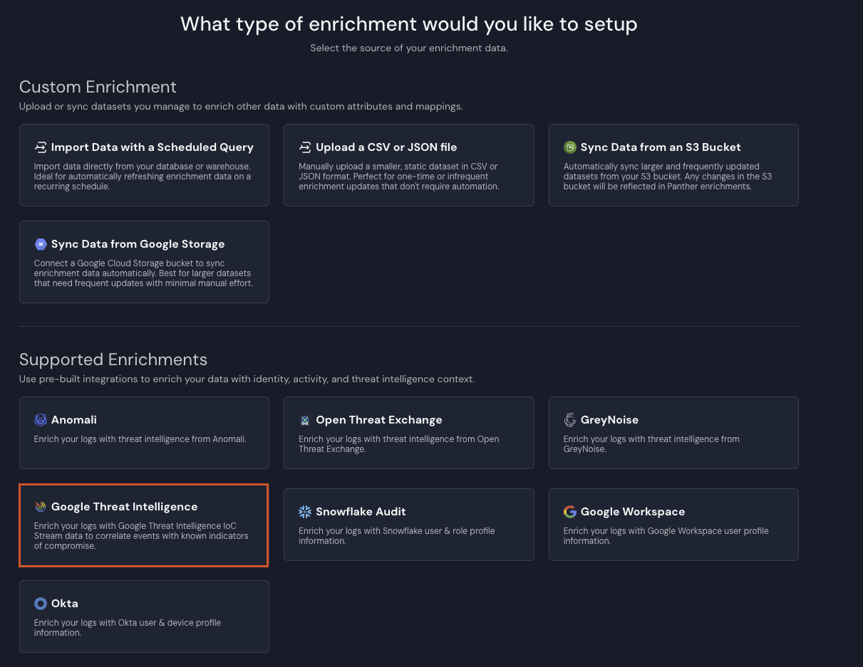 Panther enrichment sources page with Google Threat Intelligence card