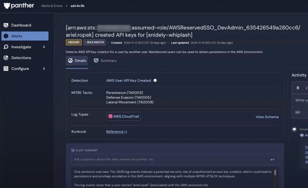In the upper-left corner is the Panther logo, and on the left is a navigation bar where Alerts is selected. The right side shows an alert for a detection "AWS User API Key Created"
