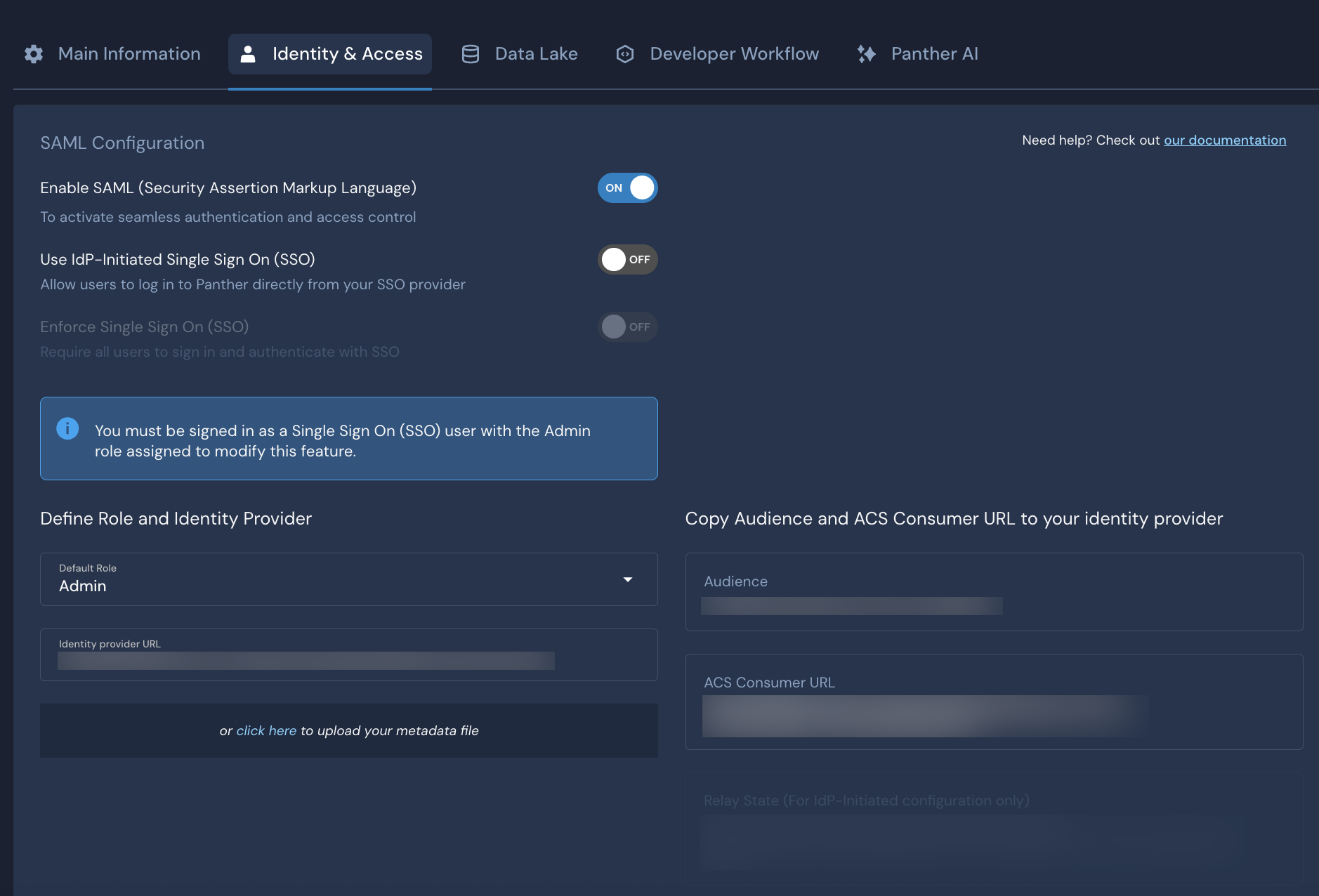 In the Settings section of the Panther Console, within the Identity & Access tab, various fields like "Enable SAML", "Audience" and "ACS Consumer URL" are shown