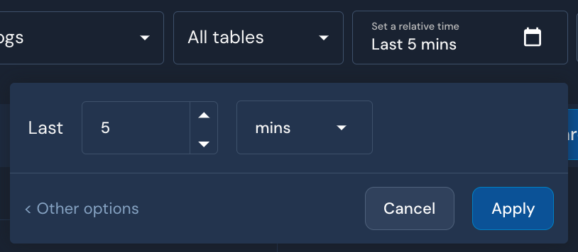 Two fields are shown: one is a numerical field with increase/decrease arrows, and the other is a dropdown with the value "mins" selected. At the bottom are "Cancel" and "Apply" buttons.