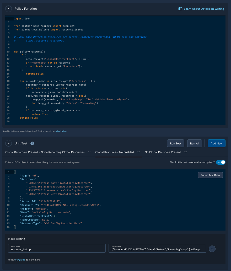 A full Policy Function and Unit Test with Mock Testing is shown. The test is named "Global Recorders Present - None Recording Global Resources"