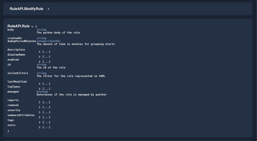 A "RuleAPI.Rule" entity is shown. Part of the JSON body is expanded, while other parts are closed.