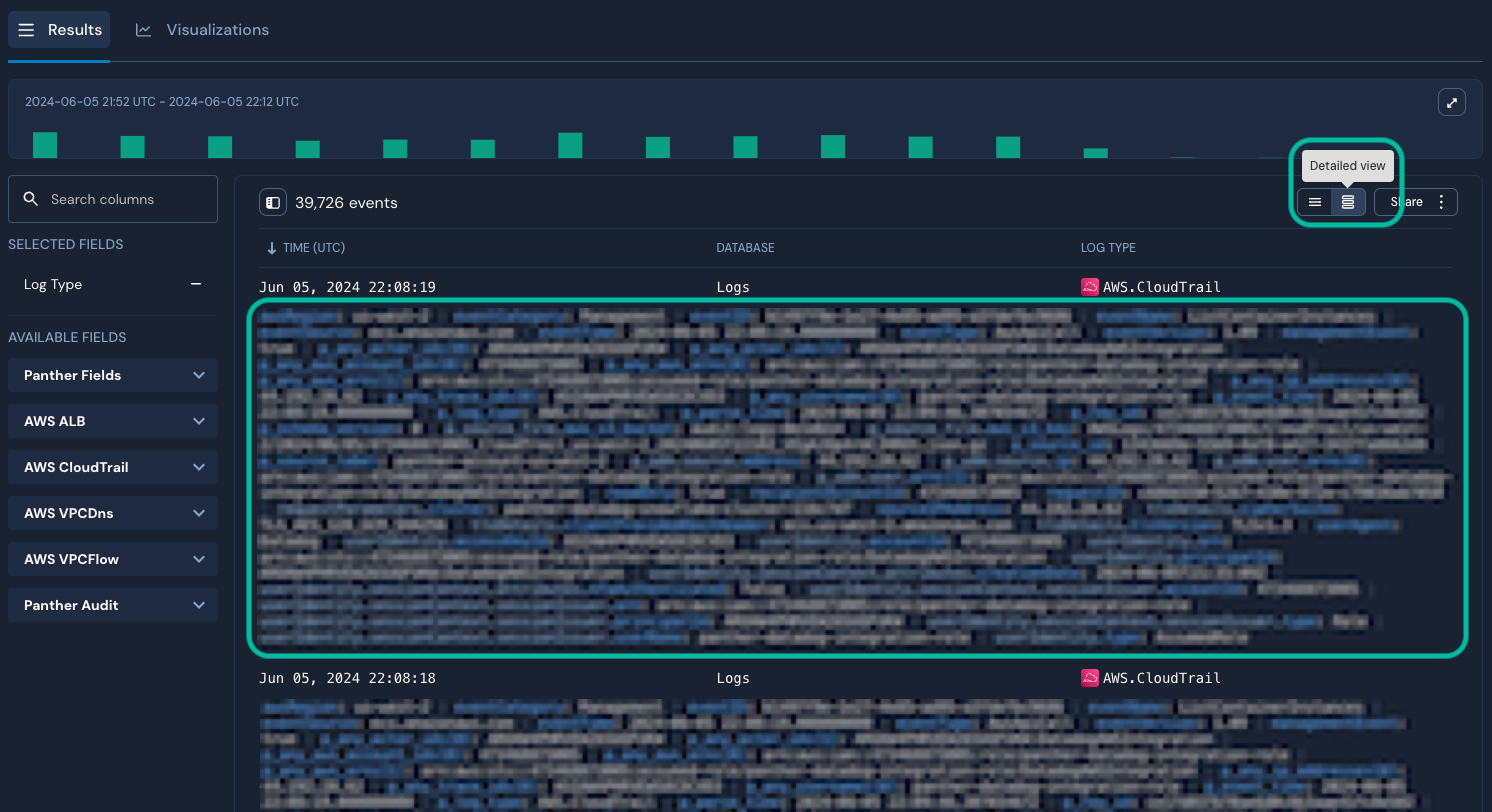 A tooltip of a button below a histogram (and at the top of the results table) reads "Detailed view." A full event in the results table has been circled.