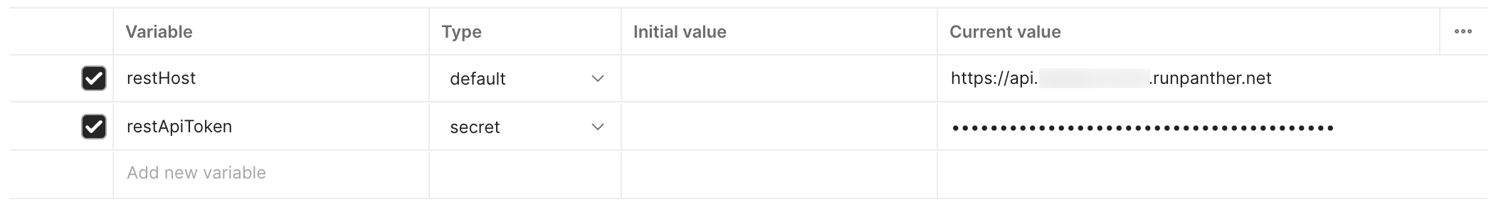 A table is shown with two rows filled in: one for restHost and one for restApiToken. There is a Type and Current value for each.