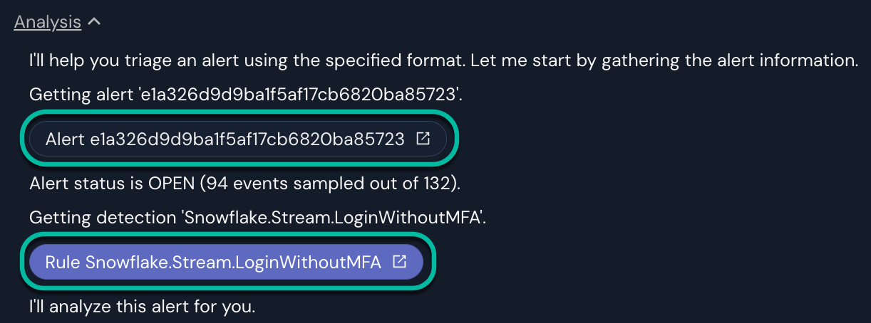Under a "Panther AI" header at the top, there is text starting with "I'll help you triage this alert." Below, text is circled in two places: one starting with Alert and the other starting with Rule.