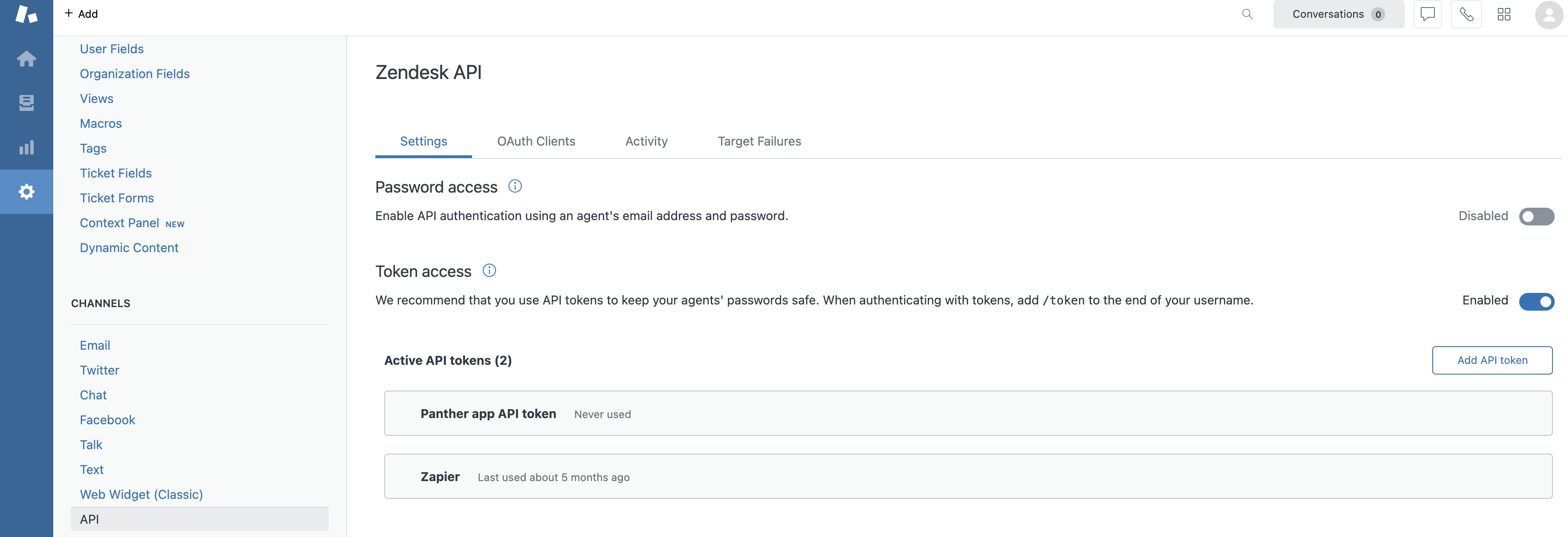 The gear icon in the left sidebar is selected, and the API link on the left is highlighted. The Zendesk API page is displayed, with the Settings tab selected. The page lists active API tokens.