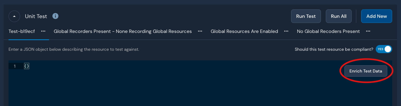 Within the Unit Test section, the test event editor is shown. In the top right corner of the editor is a circled button that reads Enrich Test Data.
