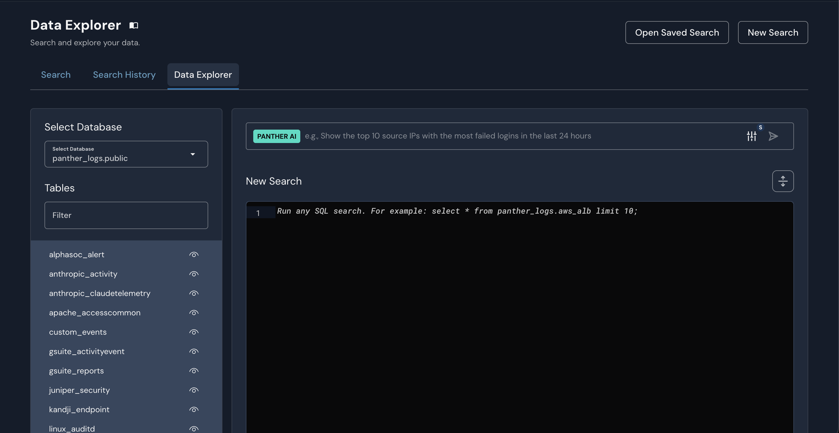 The Data Explorer page has a column on the left labeled Tables. In the middle of the page, there is a text editor labeled New Query. The bottom of the page has tabs labeled Results and Summarize.