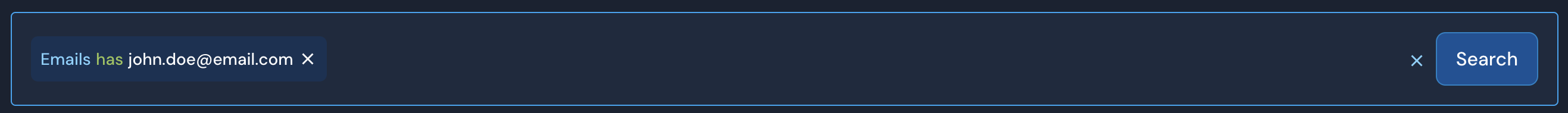 In the Search bar is one filter expression. It reads "Emails has john.doe@email.com"