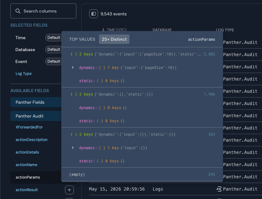 The field summary popover is open for a field whose top value is a JSON object. The object's keys are listed, each with an expand affordance to drill further.
