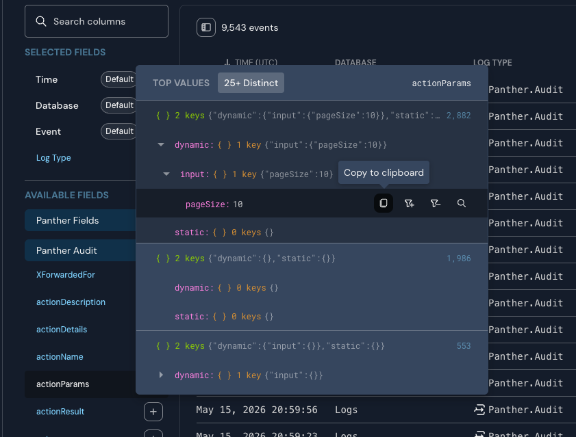 A scalar value row in the field summary popover is hovered. Four icon buttons are revealed to the right of the value: copy, filter by value, filter out value, and replace filters with value.