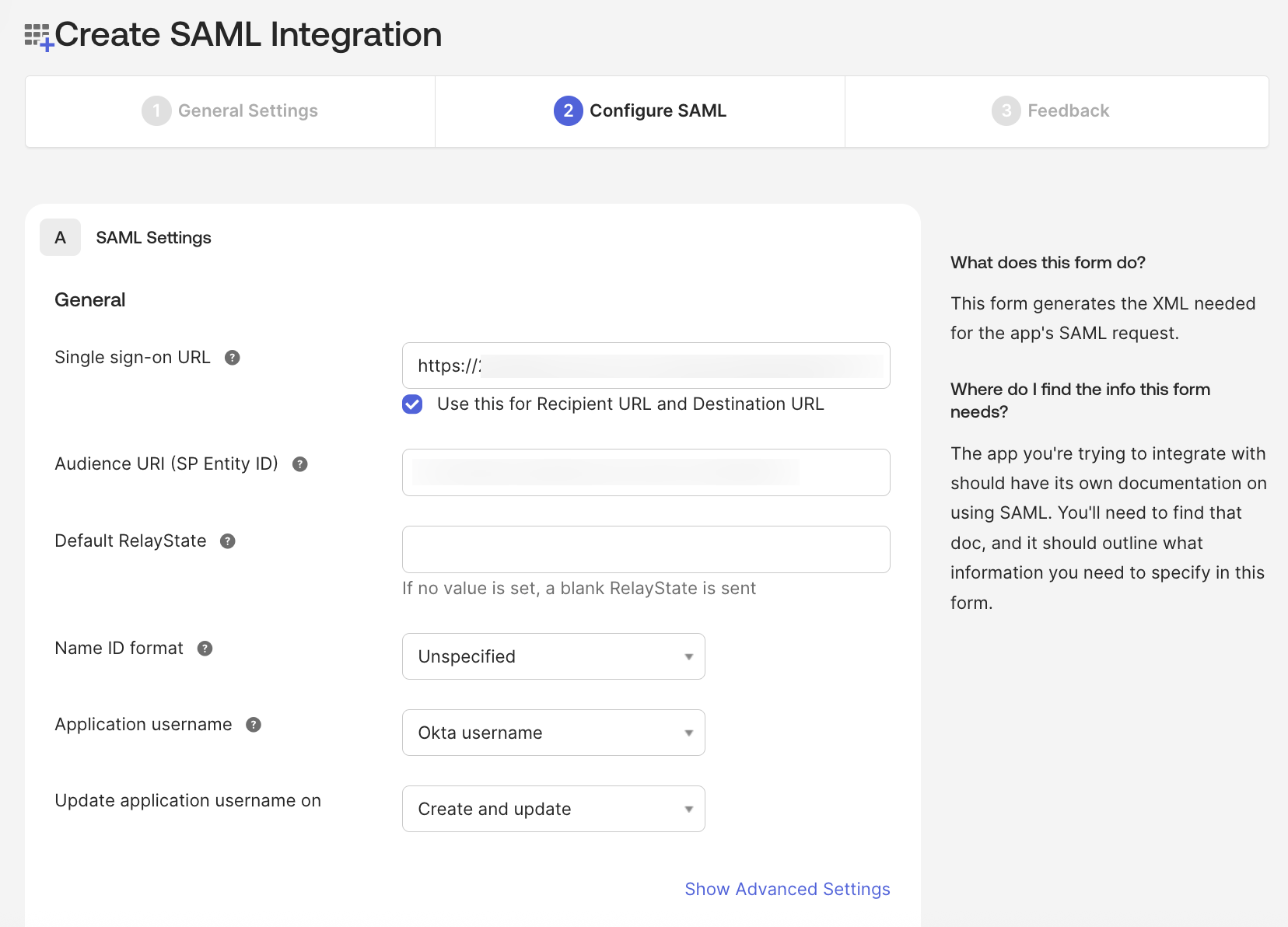 "SAML Settings" section in the Okta Console with various fields like "Single sign-on URL" and "Audience URI"