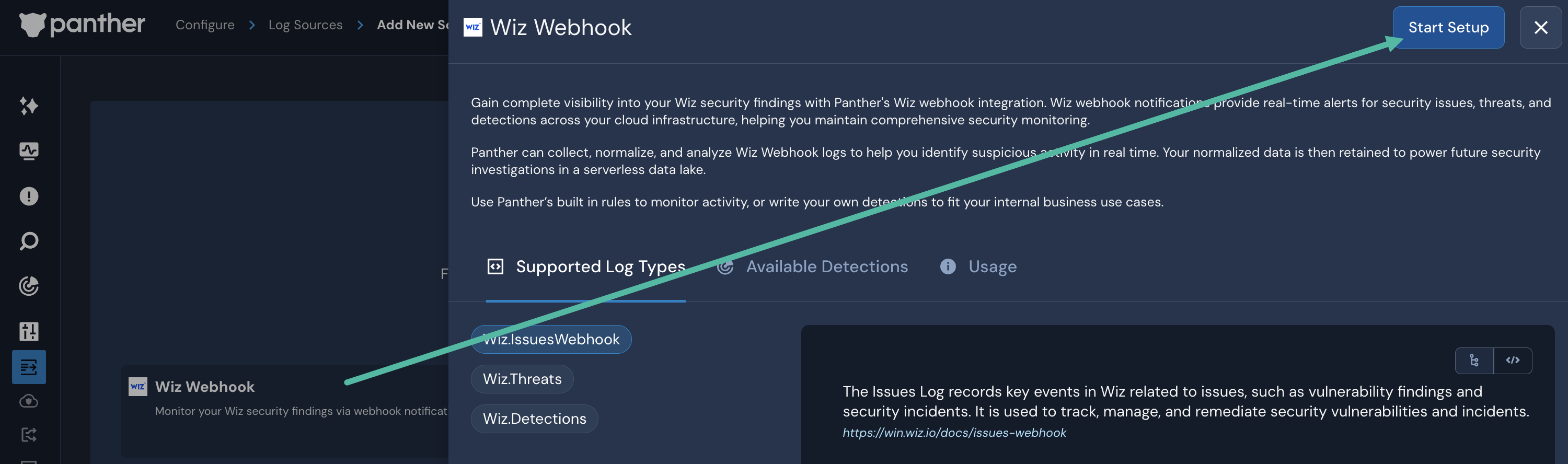 A page in the Panther console with the trail Configure > Log Sources > Add New Source is shown, with a slide-out panel expanded with the title Wiz. An arrow is drawn to a "Start Setup" button.