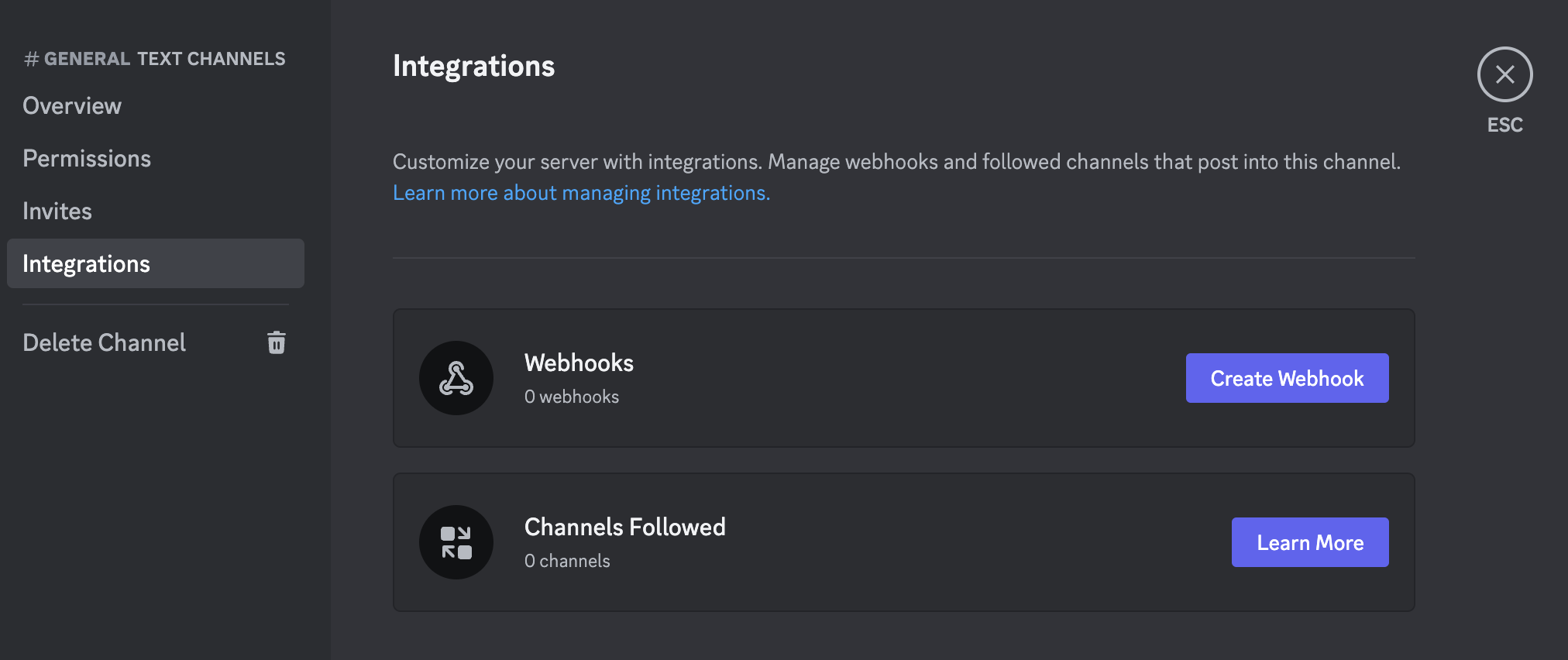In Discord on the Integrations page, there is a button in the center of the page labeled "Create Webhook."