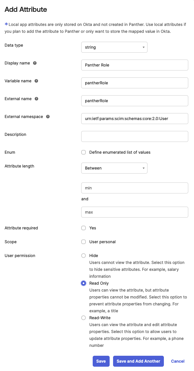 The "Add attribute" form in Okta is filled out.