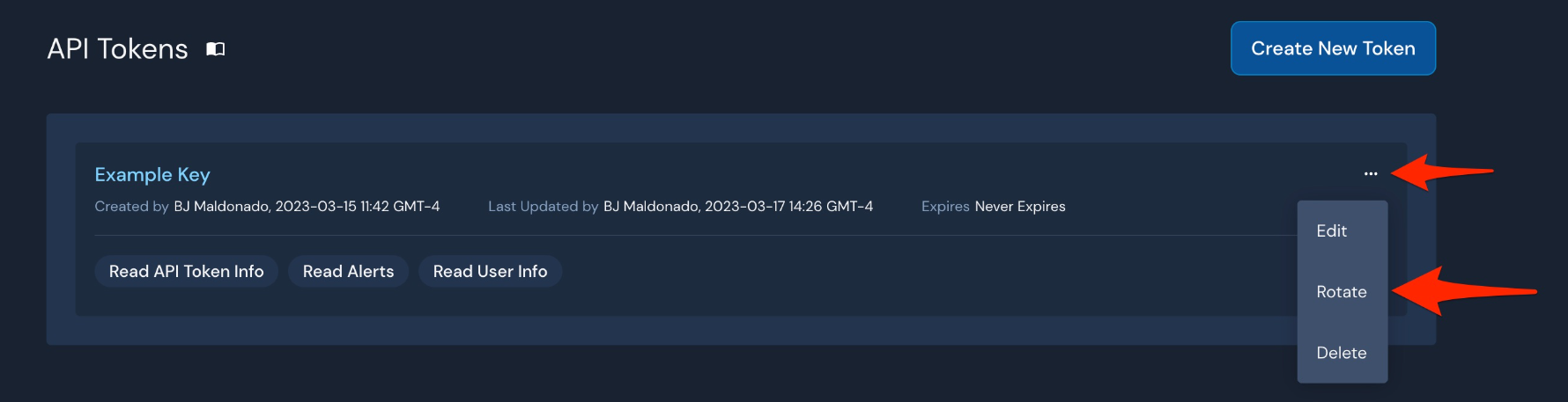 The API Tokens page in the Console shows a token called "Example Key." It has info about who created and modified the token, as well as when it expires. The three dot menu is open, and three options are displayed: Edit, Rotate, and Delete.
