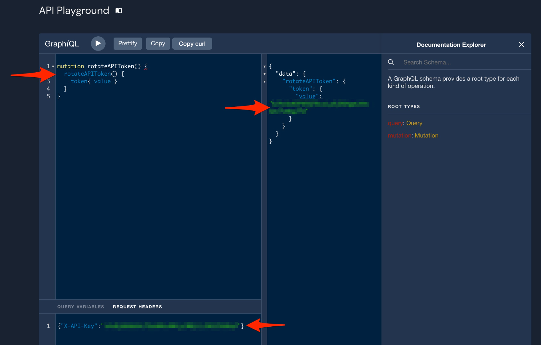 The API Playground page in the Console shows a rotateAPIToken call and response. There is a section at the bottom for Request Headers, and on the right a Documentation Explorer.