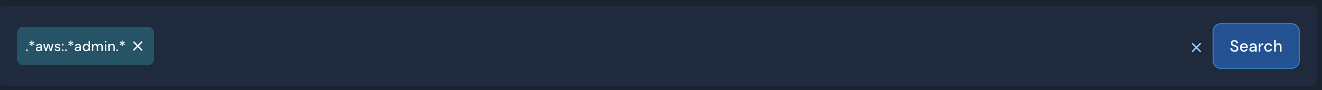 A single filter expression is created in the Search bar. It reads ".*aws:.*admin.*"