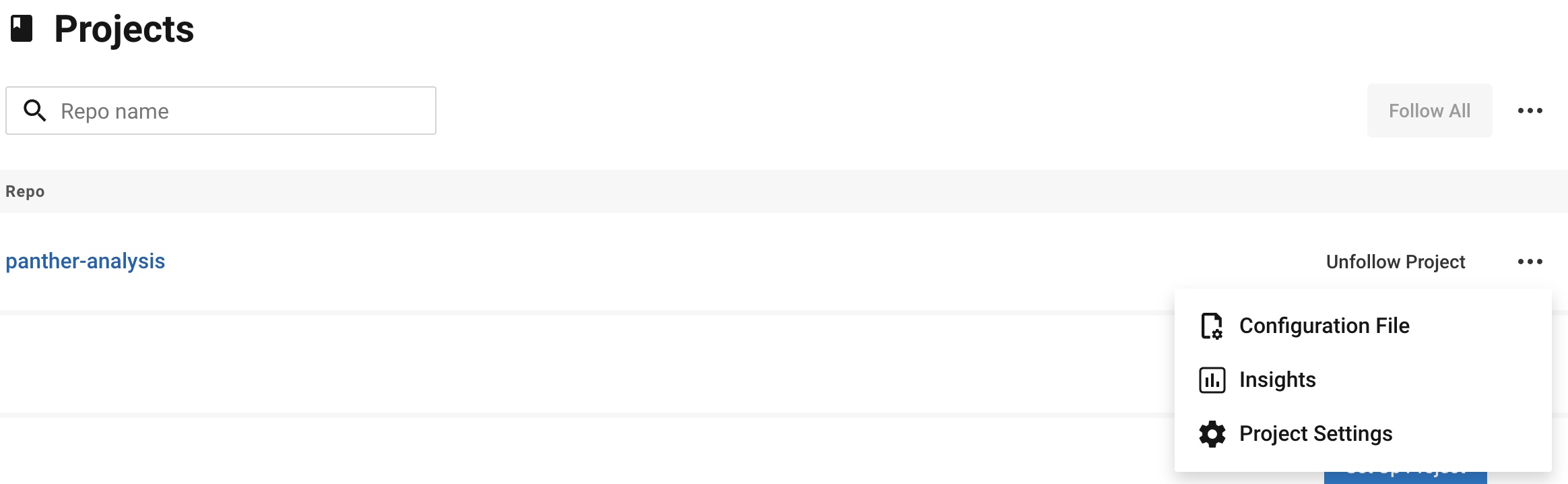 In the CircleCI console, the Projects screen is shown. The three dots icon has been selected on the panther-analysis project.