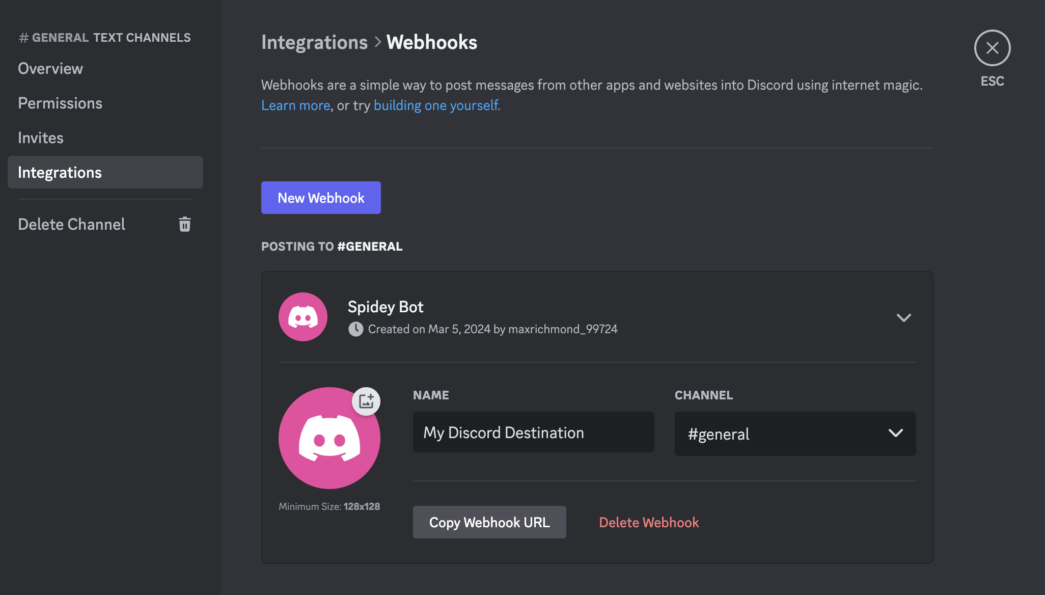 In Discord, the webhook details are expanded. "My Discord Destination" has been typed into the "Name" field.