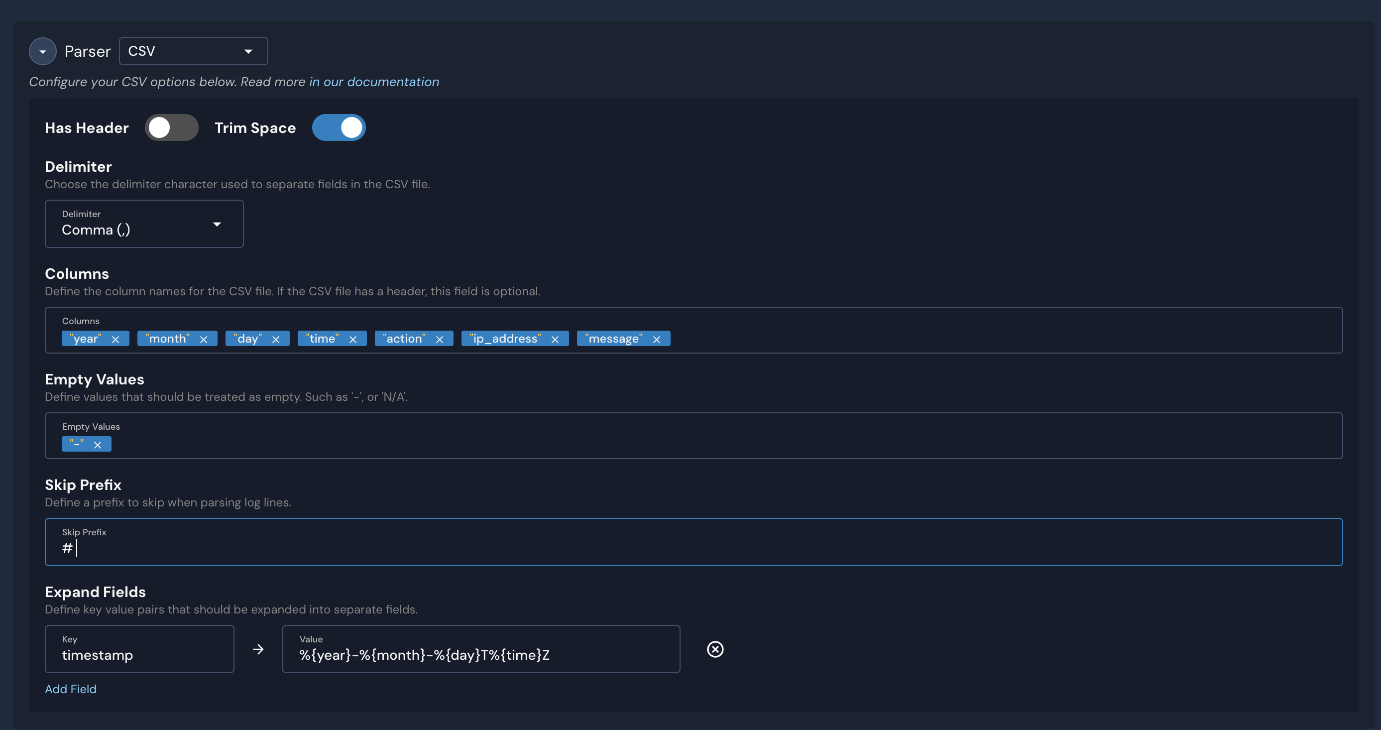 Under a "Parser" header is a form with various fields, including "Has Header," "Delimiter," "Columns," "Empty Values," and more.