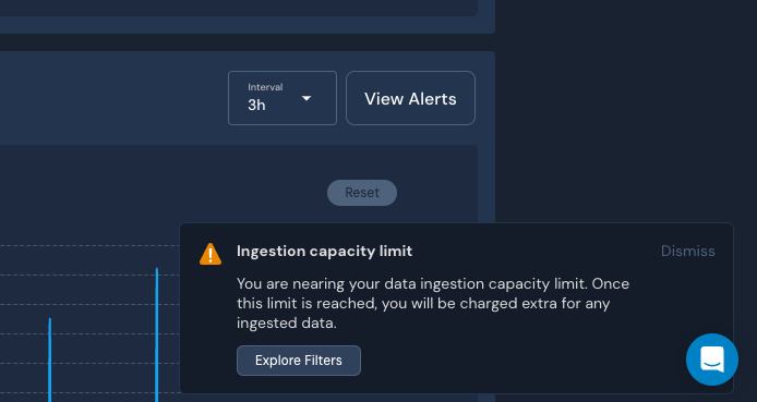 In the bottom right corner, a notification titled "Ingestion capacity limit" is shown. It has a "Dismiss" and "Explore Filters" buttons