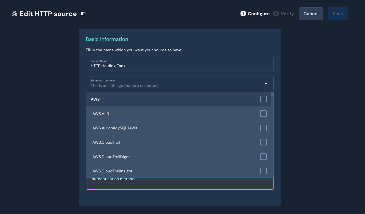 The edit page for an HTTP source is shown. In the Basic Information section, the "Schemas - Optional" dropdown field is open, but no selections have been made.