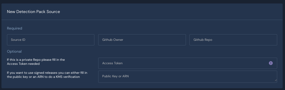 The "New Detection Pack Source" form in the Panther Console shows fields for Source ID, Github Owner, Github Repo, Access Token, and Public Key or ARN.