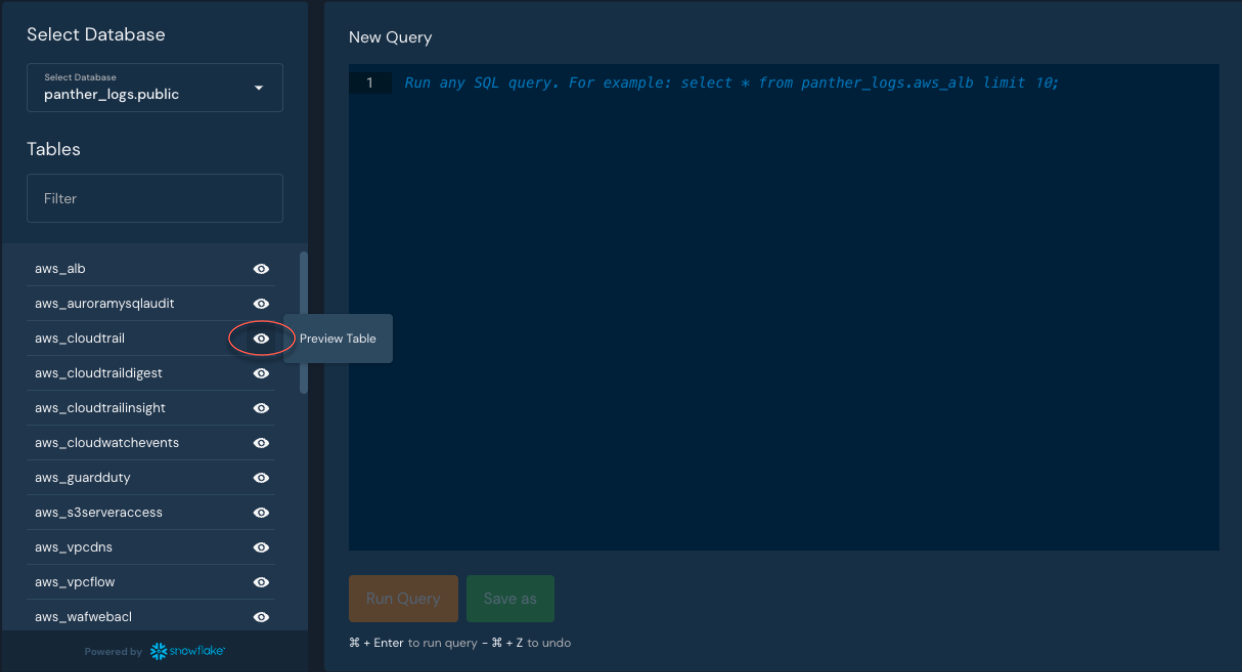 The eye icon is circled next to a table type on the left side of Data Explorer