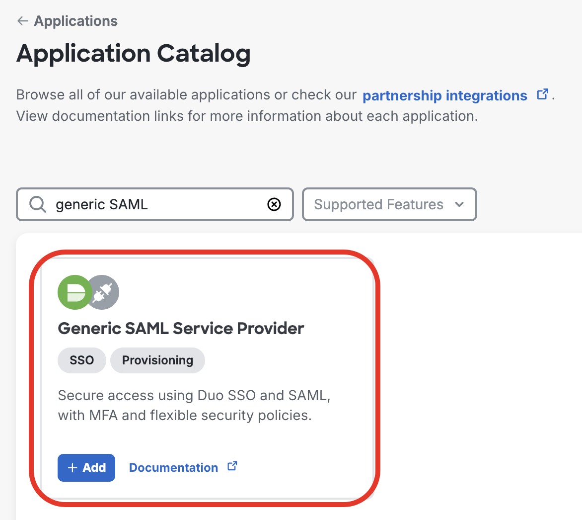 Application Catalog in the Duo Admin Panel showing the "Generic SAML Service Provider" application