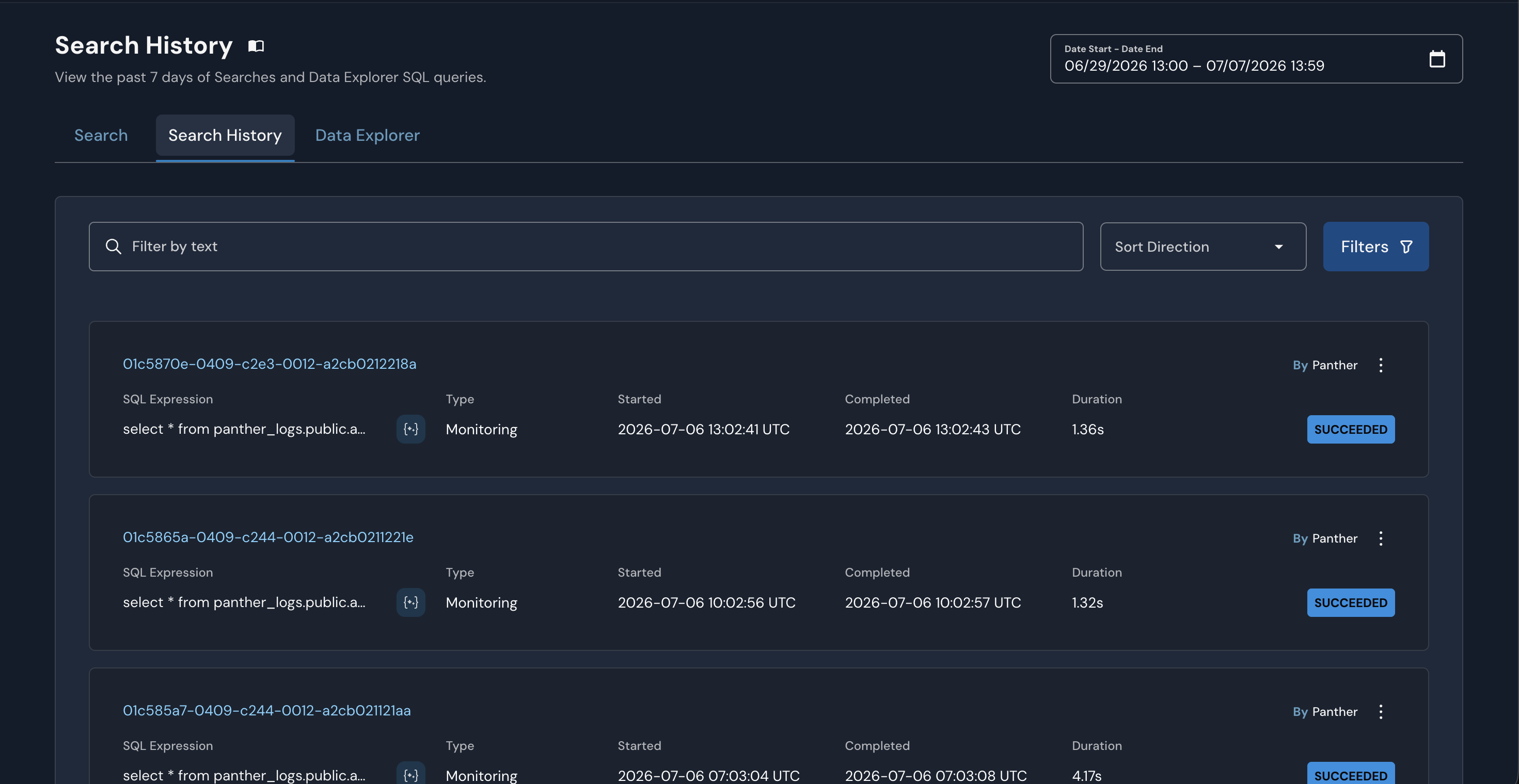 The Search History displays details about searches that have run in your Panther Console.