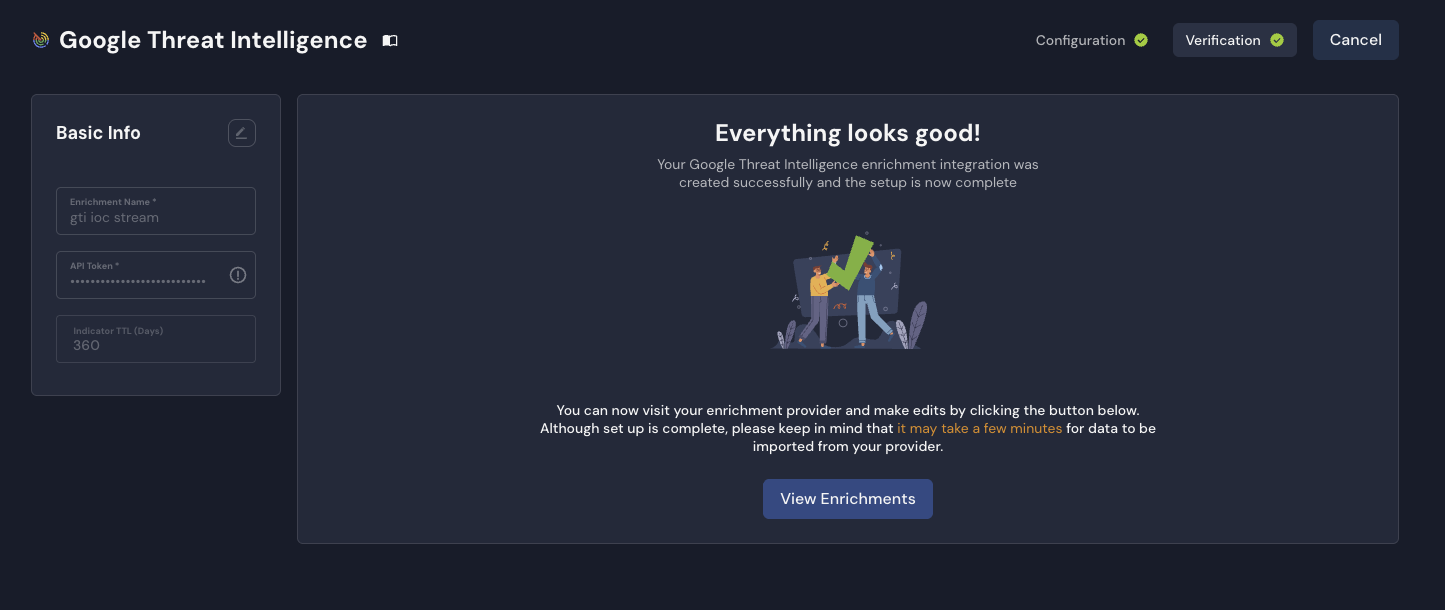 Google Threat Intelligence Verification page confirming setup is complete