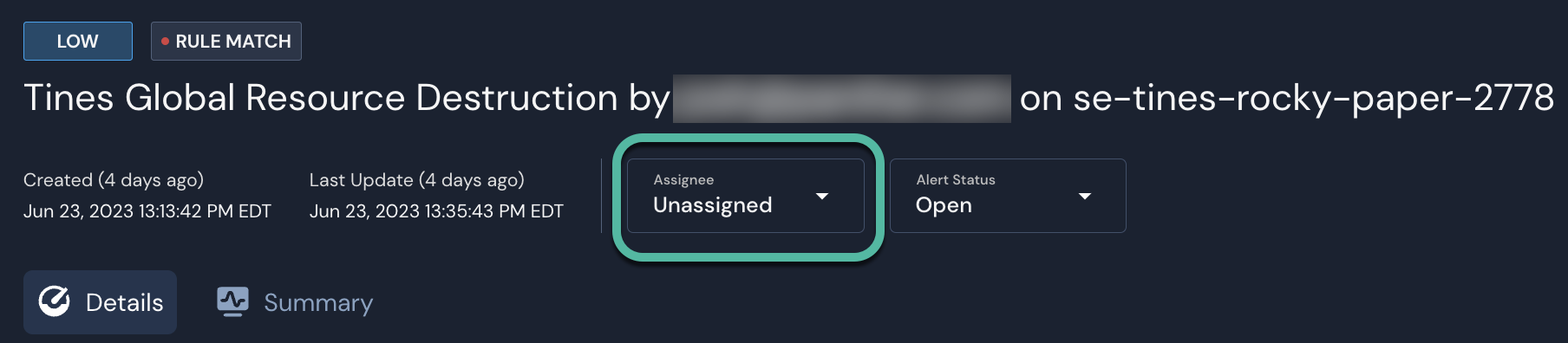 The assignee menu appears at the top of the alert details page. It is circled.