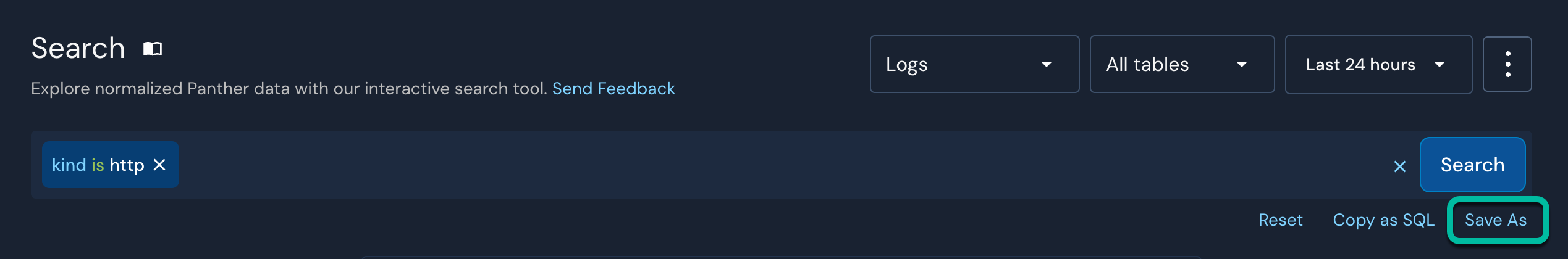 The Search UI is shown, with one filter expression created ("kind is http"). Below the search bar, the "Save As" text is circled.