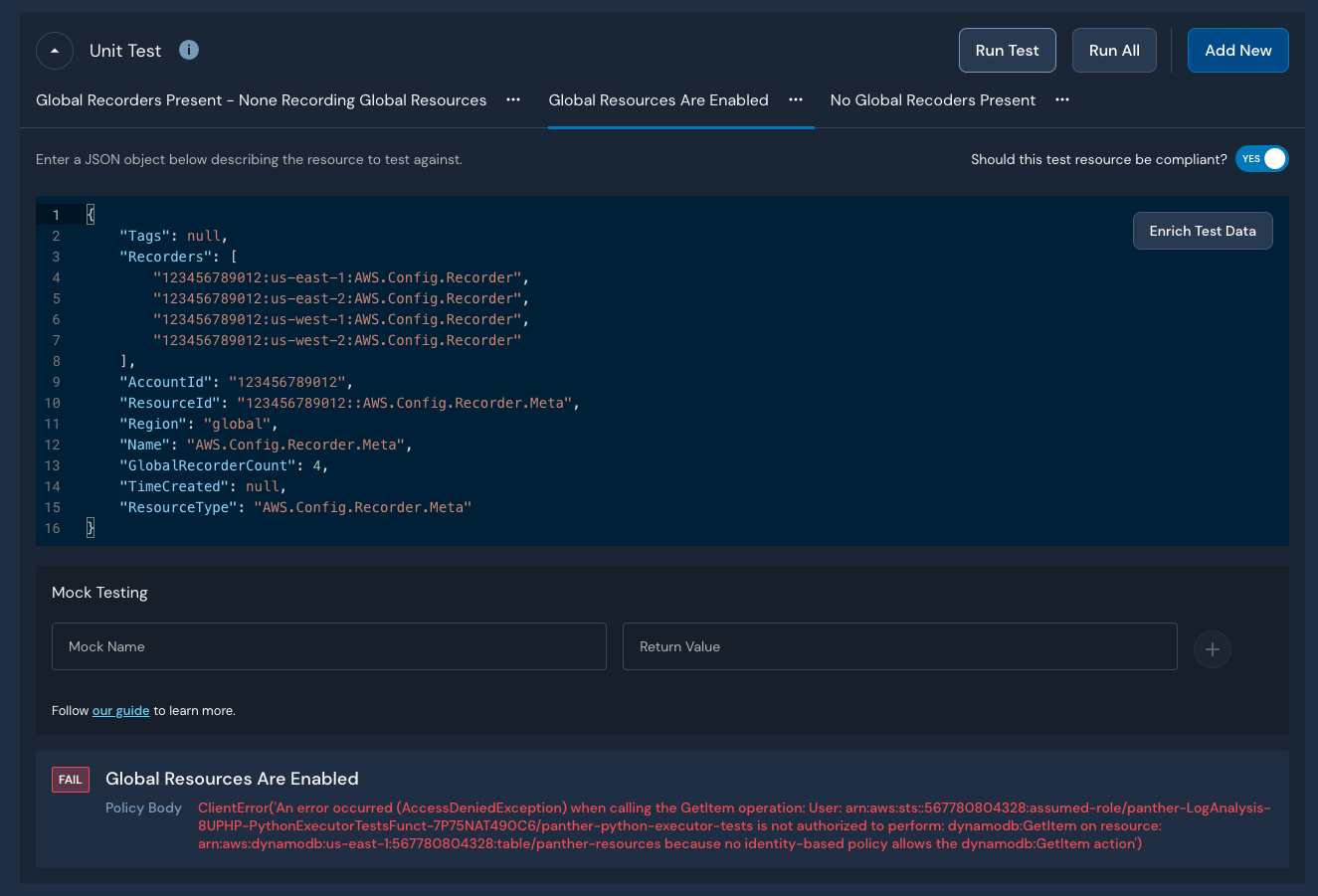 A Unit Test within a Detection's details page is shown. In the Mock Testing section, the fields for Mock Name and Return Value are blank.
