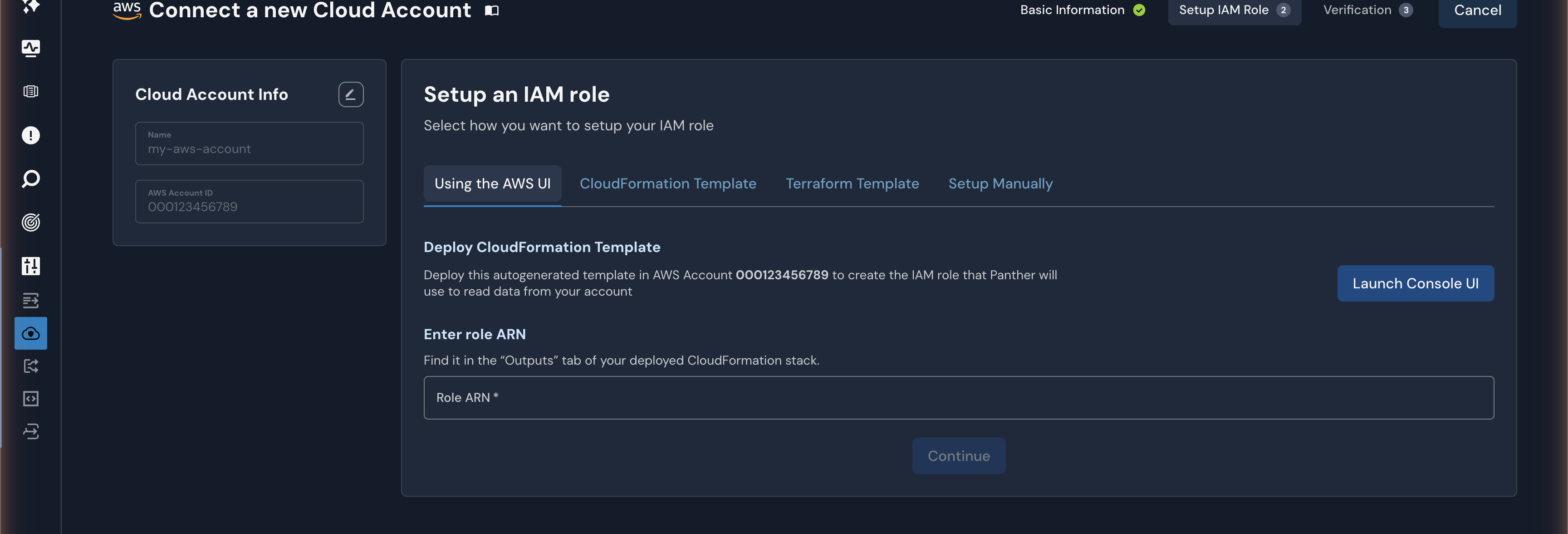 The Setup an IAM Role step displays tabs for Using the AWS UI, CloudFormation Template, Terraform Template, and Setup Manually, with an Enter role ARN field below the selected tab's instructions.
