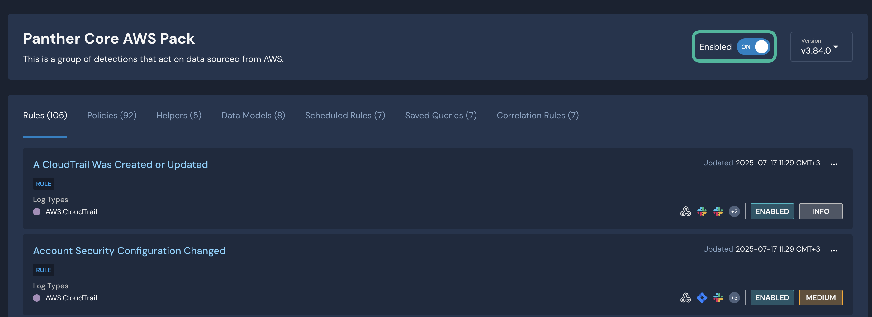 On a page titled "Panther Core AWS Pack," there are two tiles titled "A CloudTrail Was Created or Updated" and "Account Security Configuration Changed." An "Enabled" toggle in the upper-right corner is set to ON.