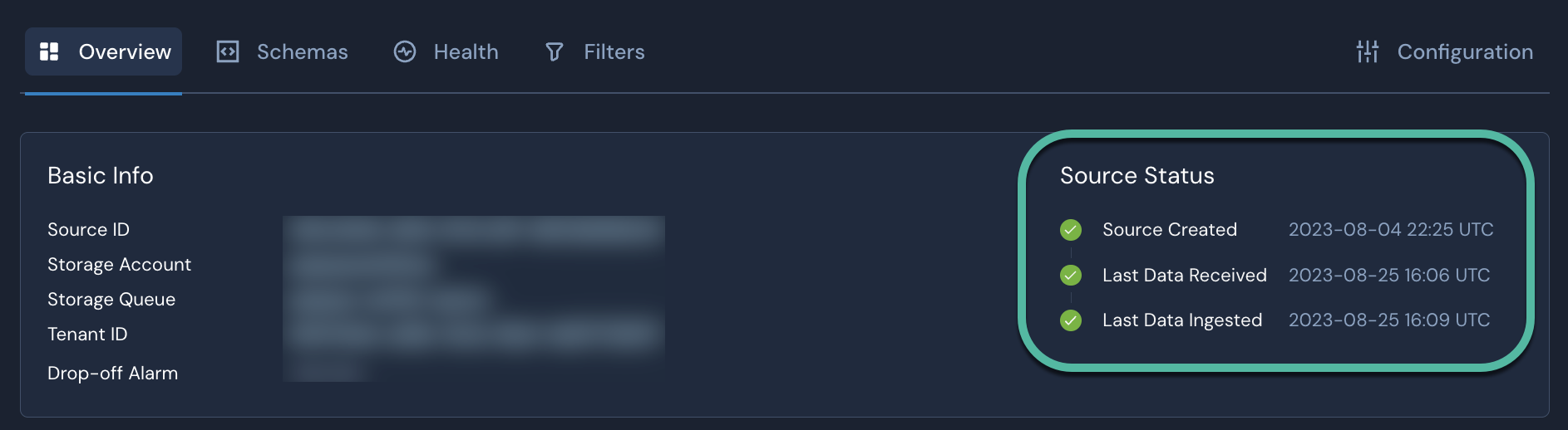 On a log sources's page, in the Overview tab, there is a "Source Status" section. It displays timestamps for Source Created, Last Data Received, and Last Data Ingested.