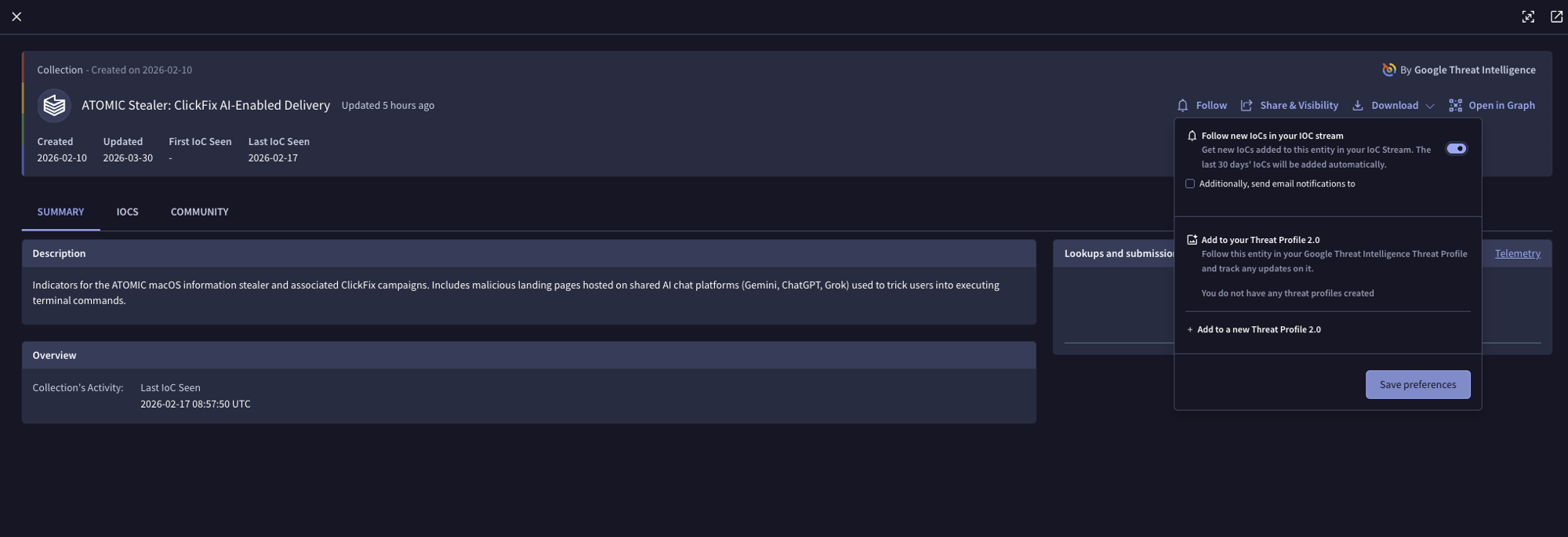 Follow dropdown with IoC stream toggle enabled