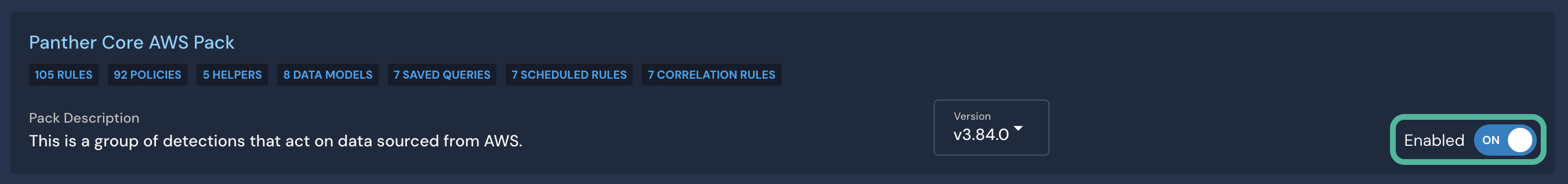 A rectangular tile is shown titled "Panther Core AWS Pack." Its "Enabled" slider is circled.