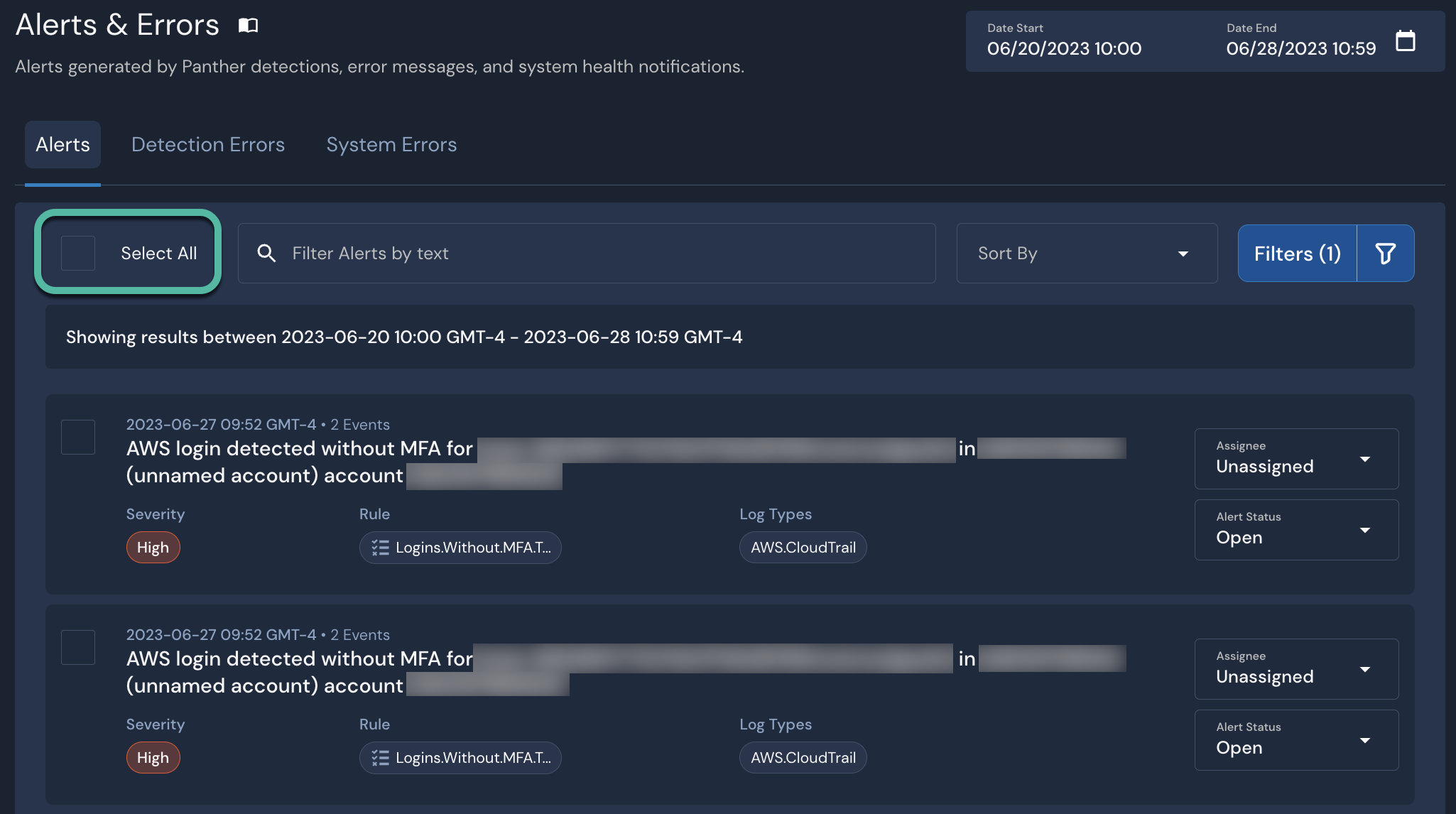 The Alerts page is displayed, and alerts are listed at the bottom. The "Select All" checkbox near the top of the page is circled.